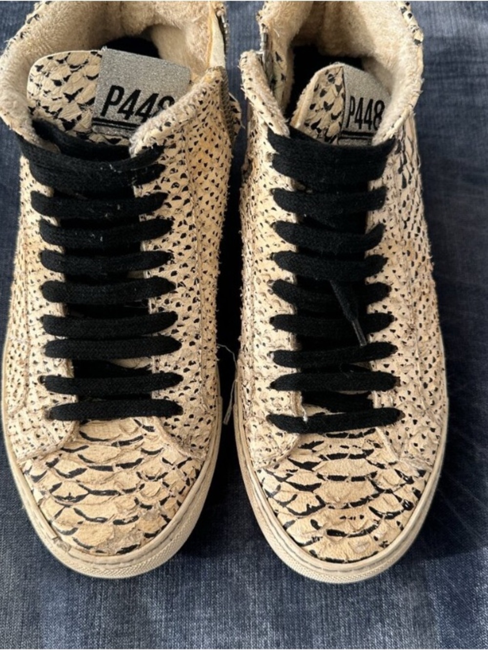 P448 Womens High-Top Sneakers in Cream with Black Laces - Picture 2 of 2